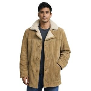Sears Mens Store Leather Shop Shearling L Coat 42 Tan Suede Heritage Vintage 70s